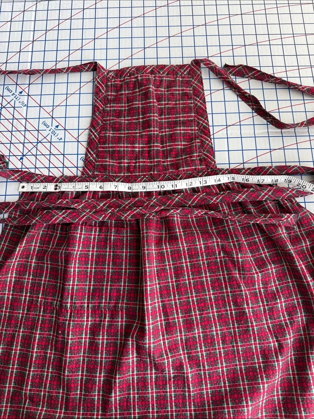 Vintage Handmade Plaid Full Bib Apron Red Green Cotton Christmas Kitchen